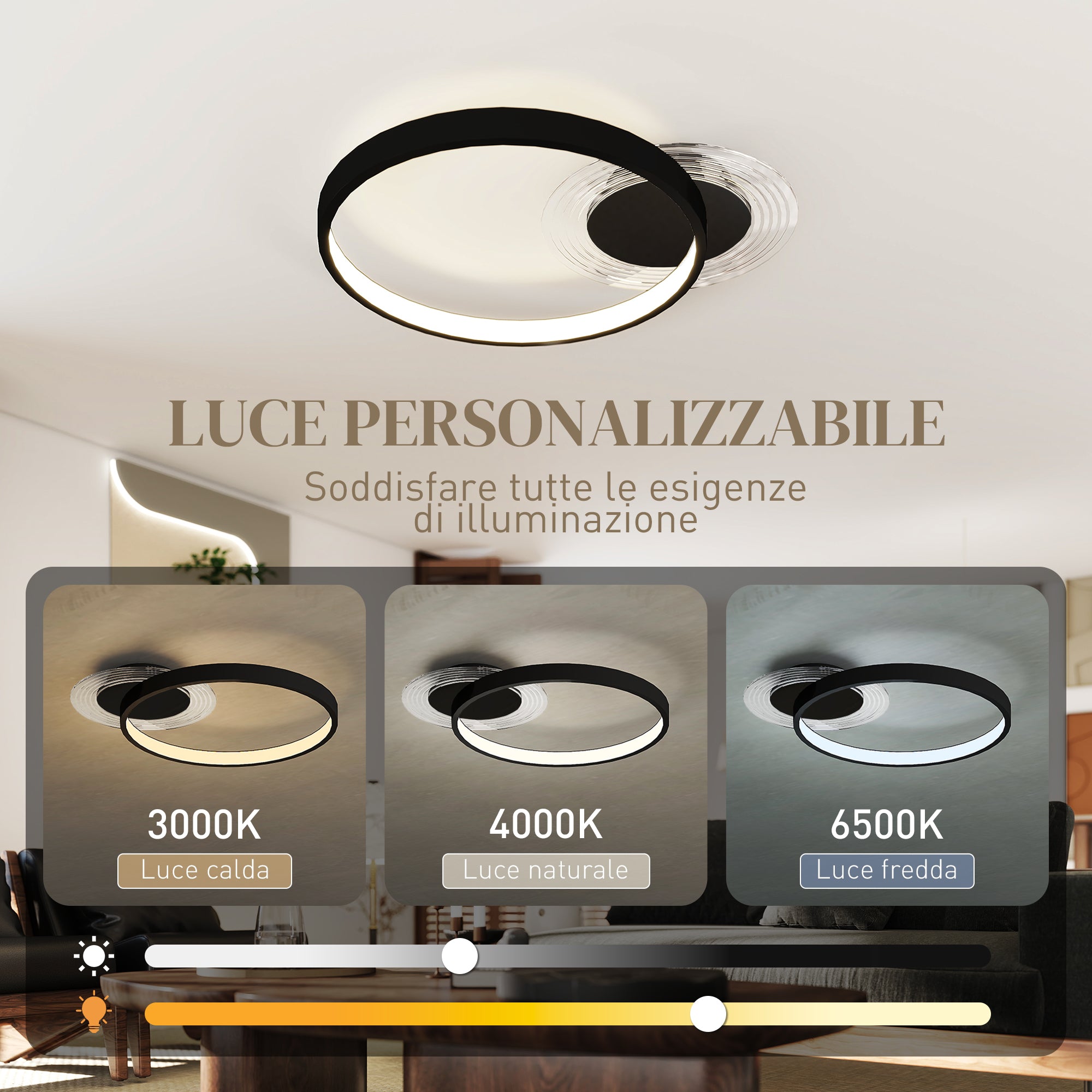 Modern 2-Ring LED Ceiling Light with Adjustable Brightness, 30W Power, Black