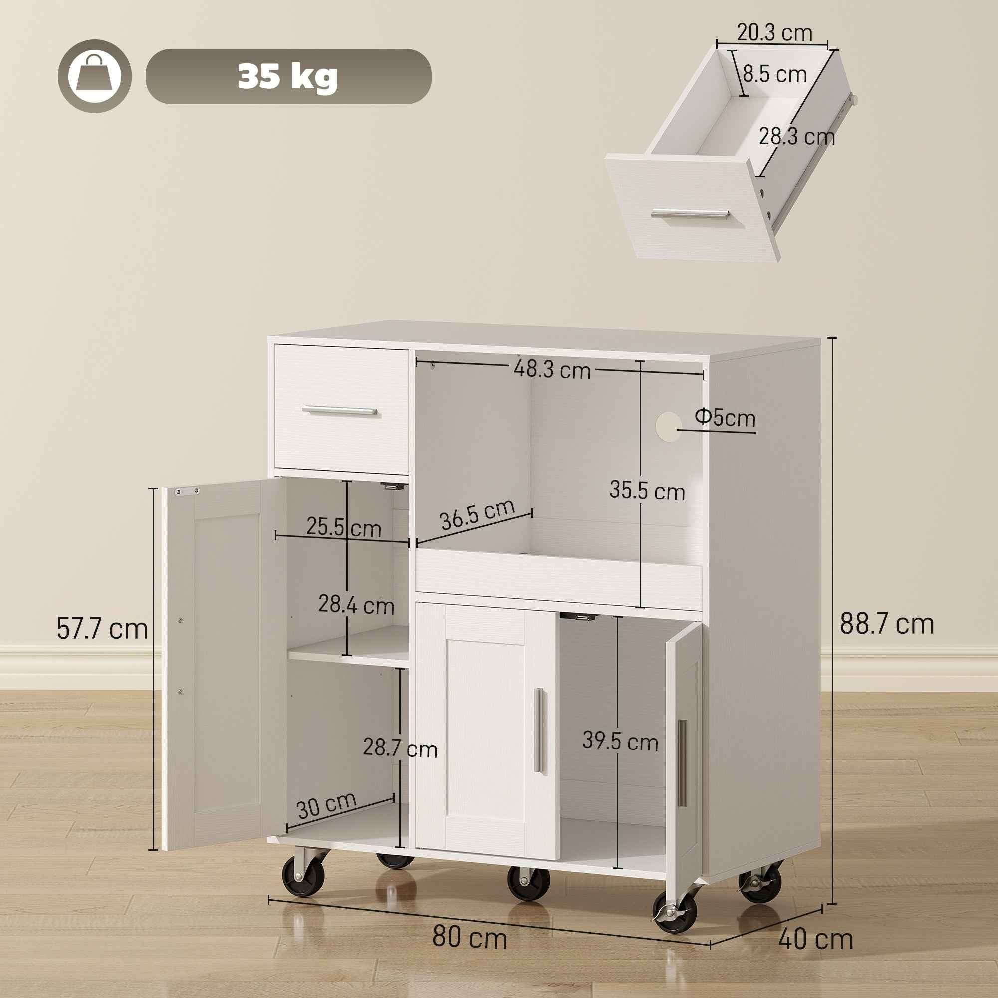 HOMCOM Wooden Microwave Cabinet with Drawer, 2 Cupboards, Open Shelf and Adjustable Top, 80x40x88.7 cm, White