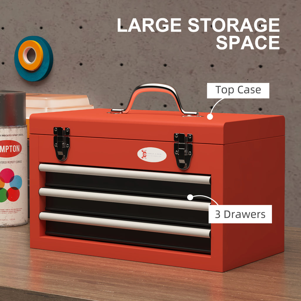 Tool Box with 3 Drawers and Upper Compartment in Steel with Handle, 45x24x27cm, Red