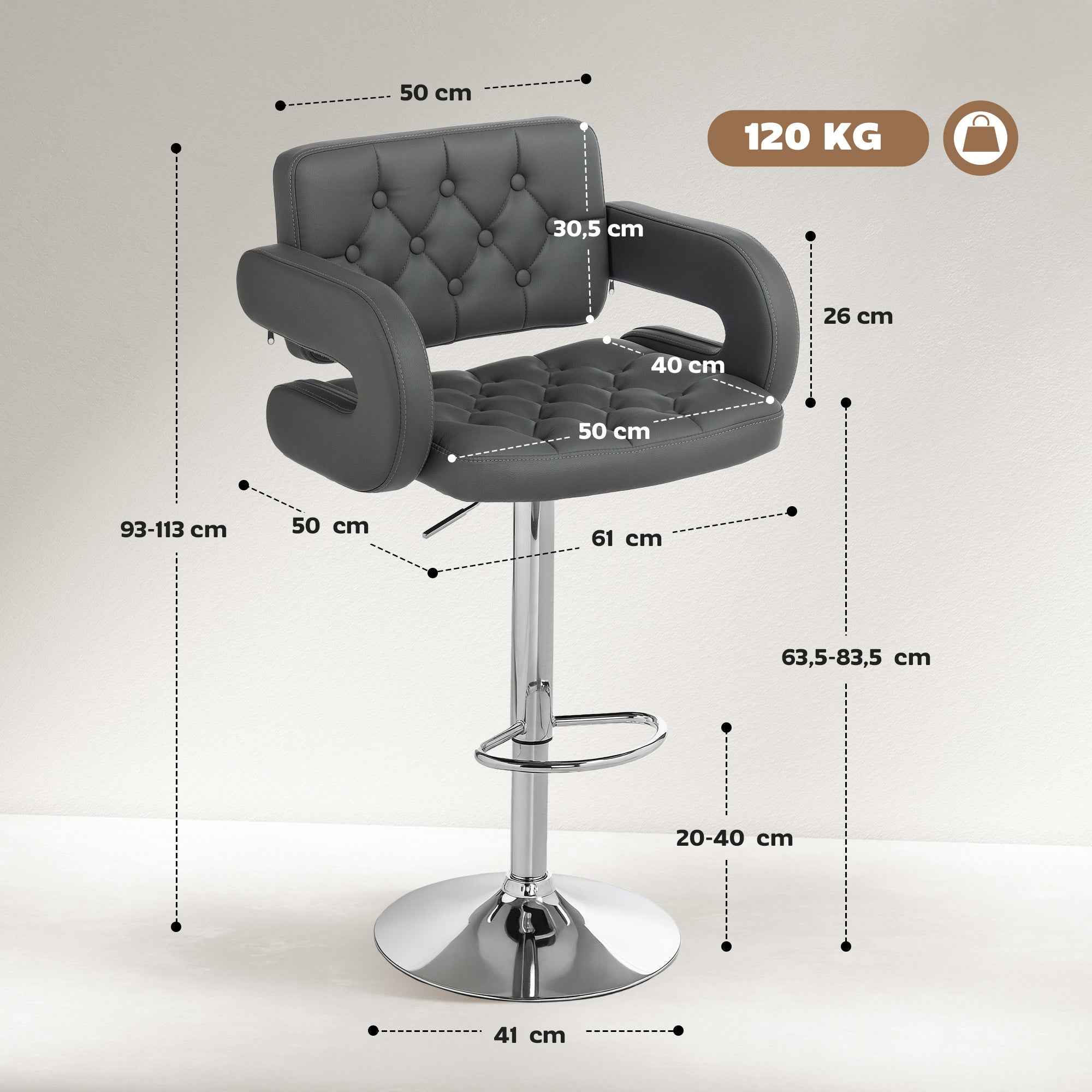 HOMCOM Adjustable Bar Stool, Extra Large Swivel PU Leather Seat, Grey