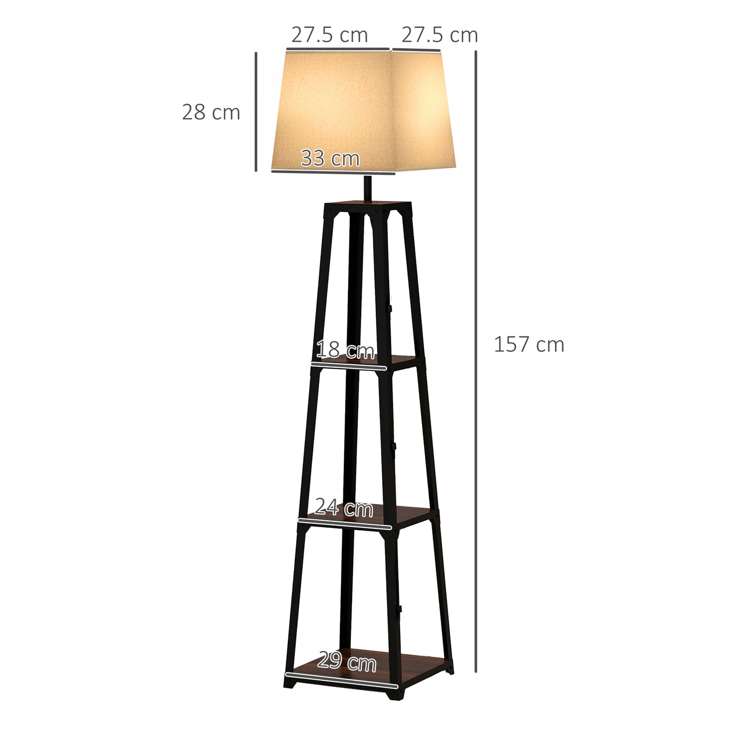 Floor Lamp in Metal and MDF with 3 Shelves with Fabric Lampshade, Ø42x166 cm, Black and Beige