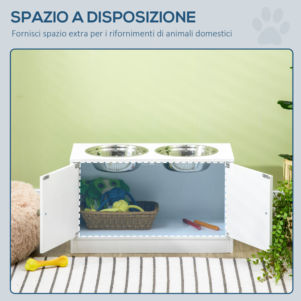 Raised Dog Bowls with 44L Cabinet and 2 Steel Bowls, 60x30x35.5cm, White - Borgè