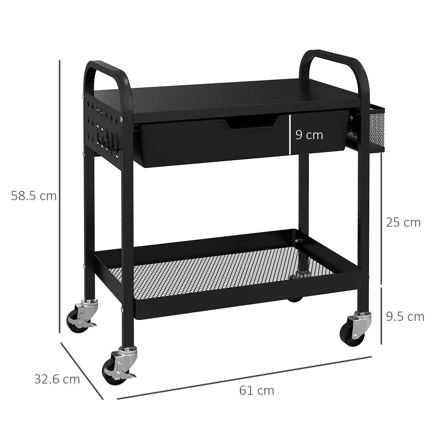 Kitchen and Multi-use Trolley with Basket, Removable Drawer and 3 Hooks, in PP and Metal, 61x32.6x58.5 cm, Black