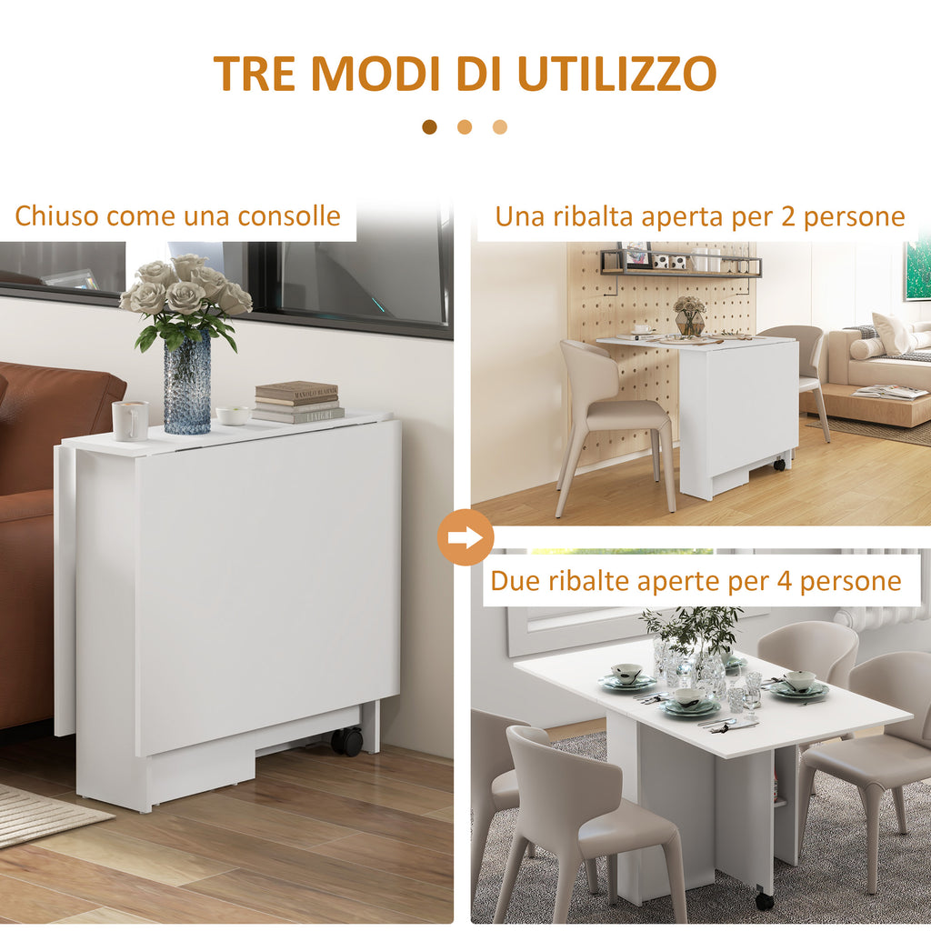 Space-Saving Folding Table with 2 Flaps for 6 People with Shelves and Wheels, White