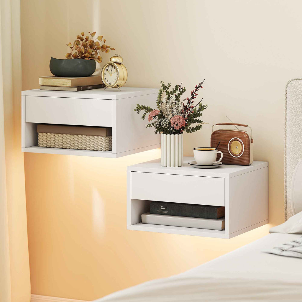 HOMCOM Set of 2 Wall-Mounted Bedside Tables with Built-in RGB LED Lights and APP Control, Drawer and Shelf, 37x32x21 cm, White