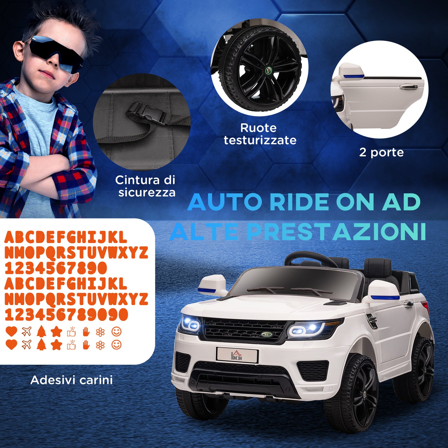 Electric Ride-On Car for Children 3-6 Years with Remote Control, LED Lights and Horn, in PP and Metal, 110x68x52 cm, White