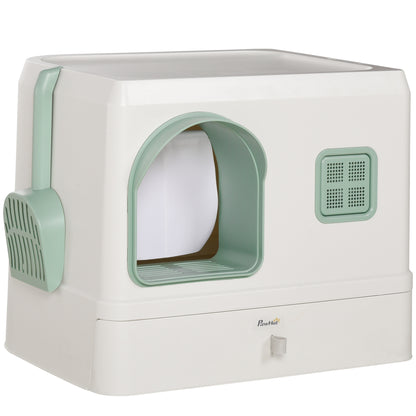 Cat Litter Box Covered with Deodorants, Tray and Scoop, in ABS and PP, 50x40x40 cm, Green and White