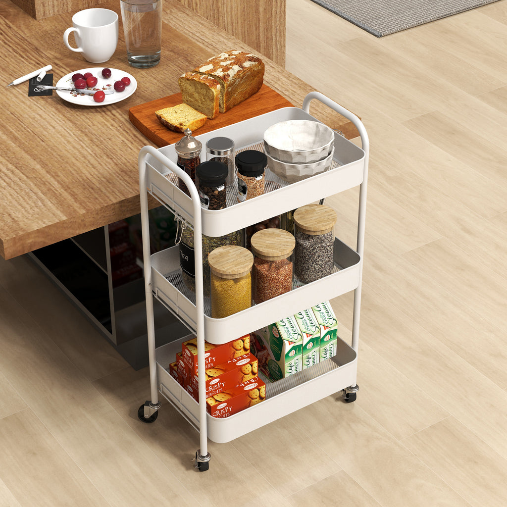 HOMCOM 3-Tier Kitchen Trolley with Handles and 4 Wheels, Steel, 45x30.6x79 cm, White - Borgè