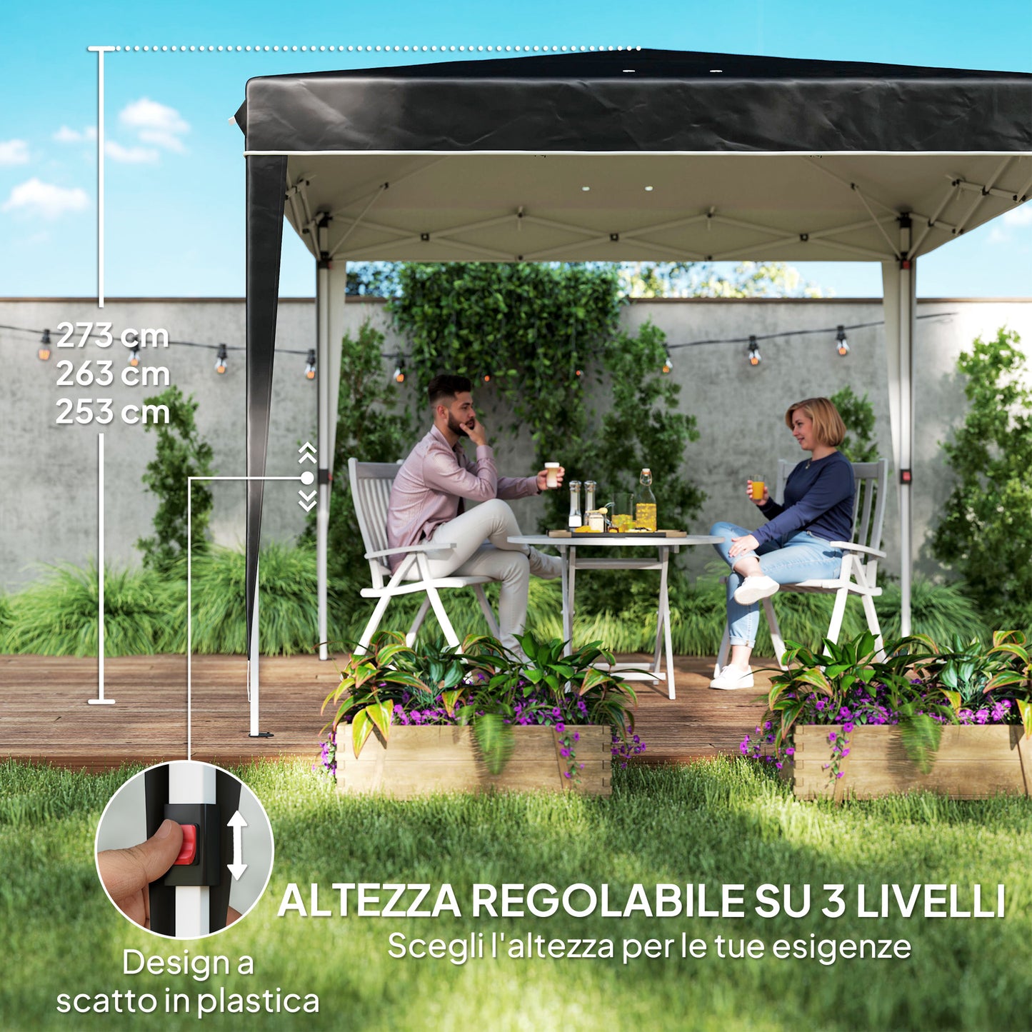 Gazebo 3x3m for 6-9 People Adjustable Height with Drainage Holes, in Metal and Black Oxford Fabric