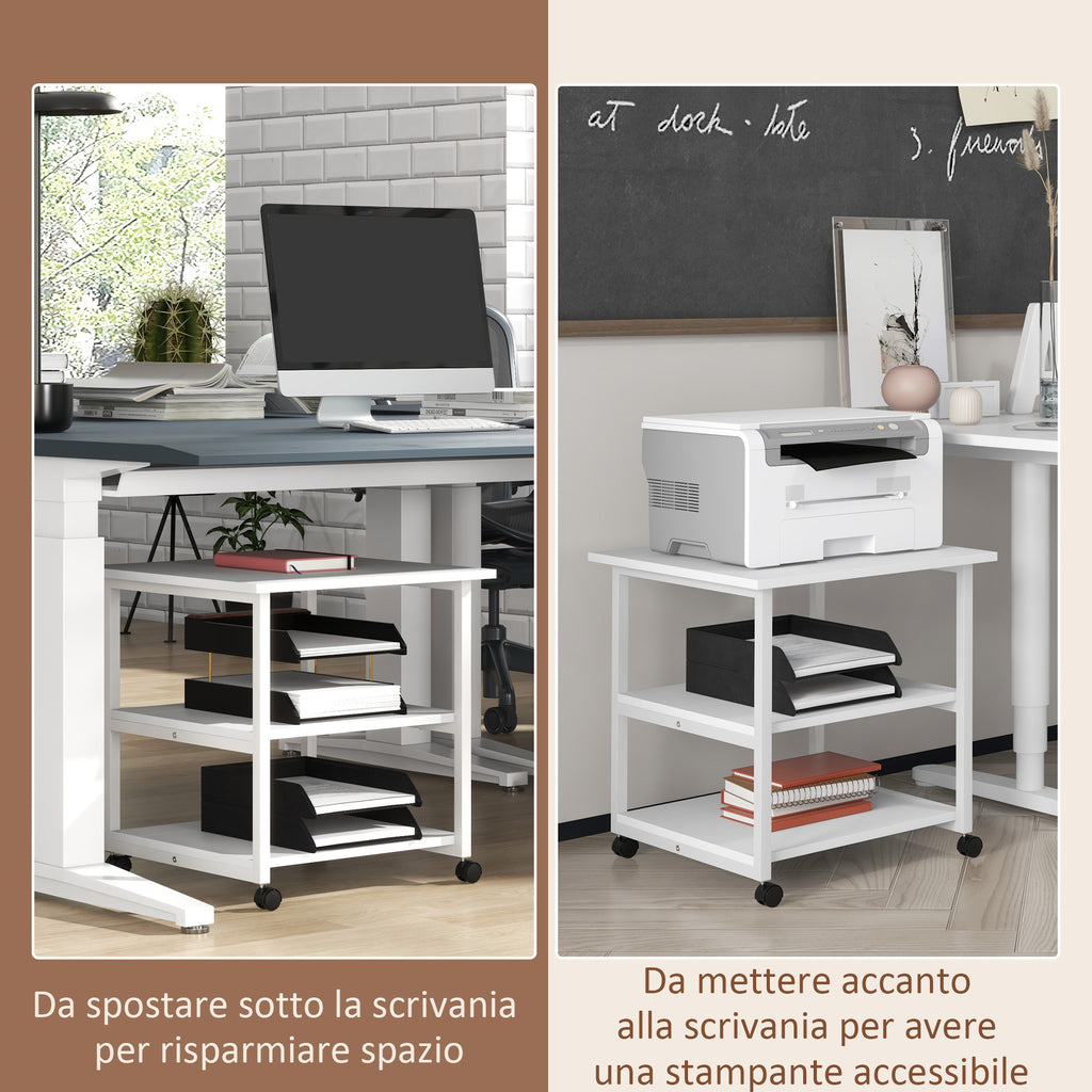 3-Tier Printer Cart with 4 Wheels, Wood and Steel, 50x50x52.5cm, White