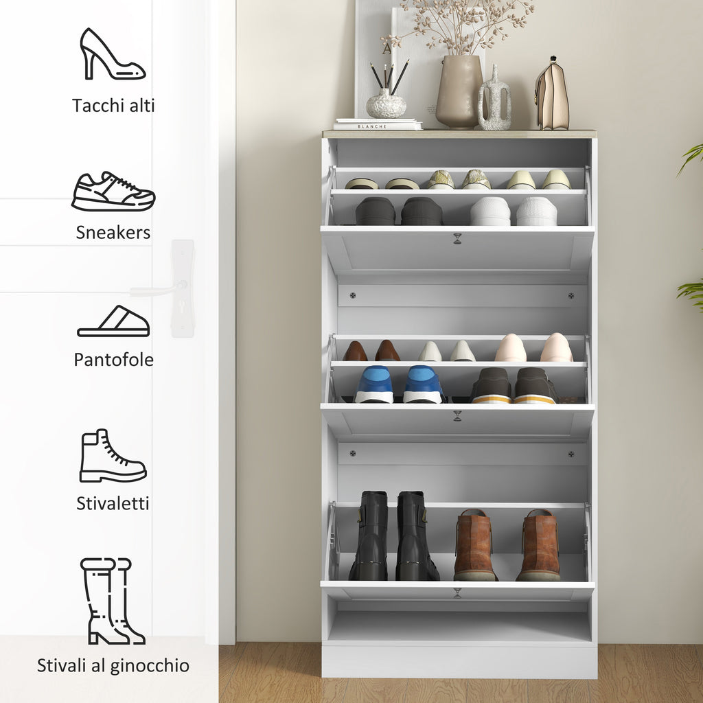 Space-Saving 3-Drawer Shoe Rack with 2-Tier Adjustable Shelves, Wooden, 60x23.5x115 cm, White