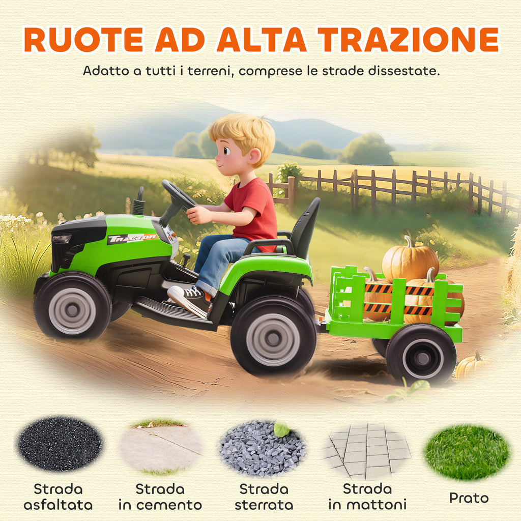 Electric Tractor for Children with Detachable Trailer and Remote Control, Made of Plastic and Metal, 139x58x55 cm, Green