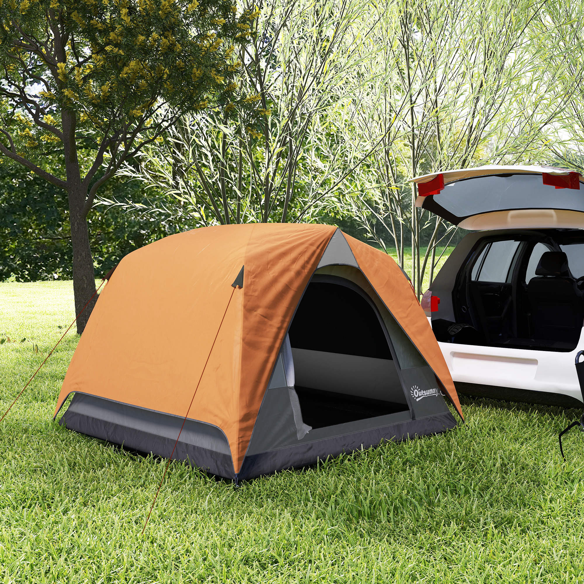 Waterproof 3-Person Camping Tent with Pocket, Lantern Hook and Bag, 2x2x1.35m, Orange