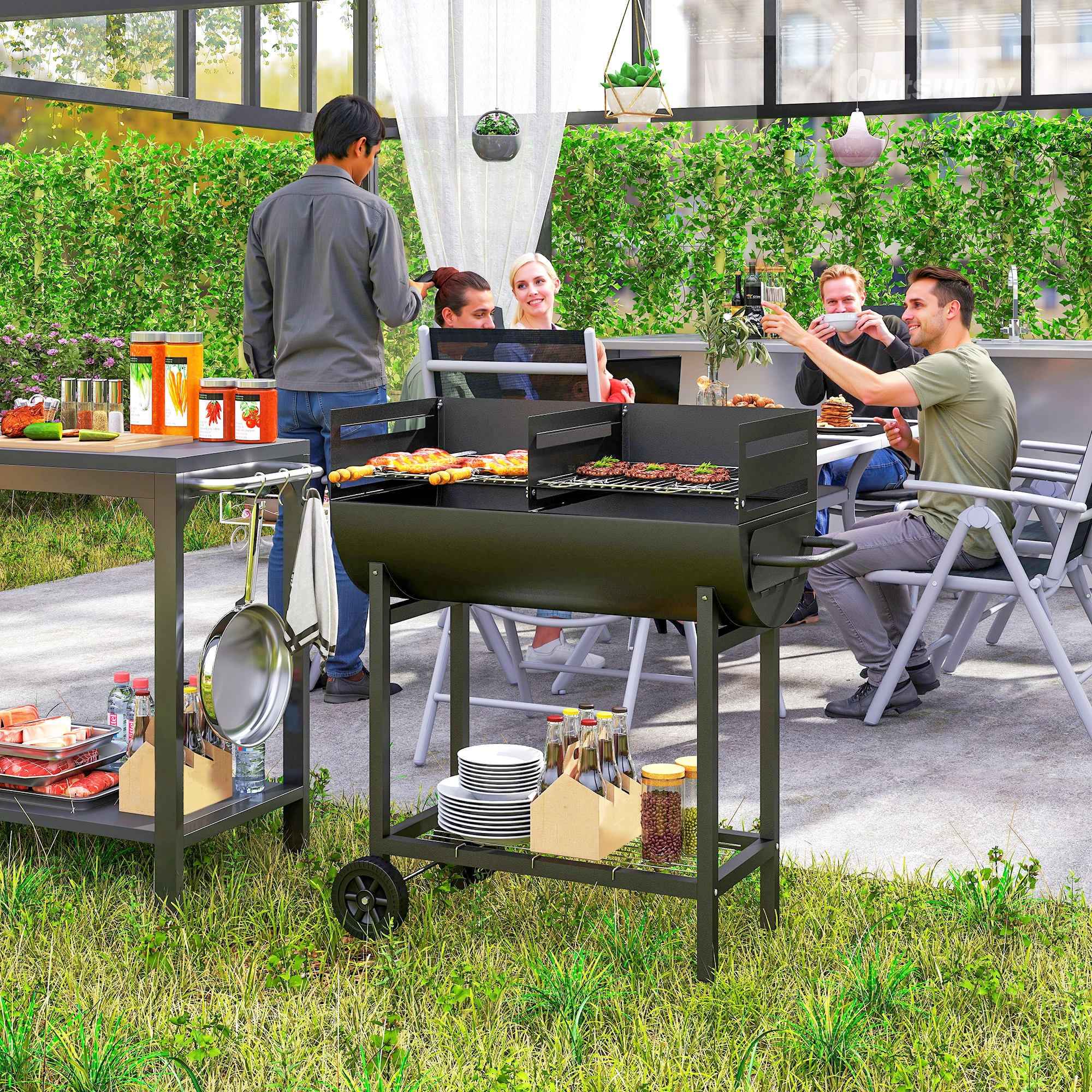 Outsunny Steel Barbecue with 2 Independent Grills, 2 Wheels, and Bottom Shelf | Black | 90cm x 45cm x 96cm