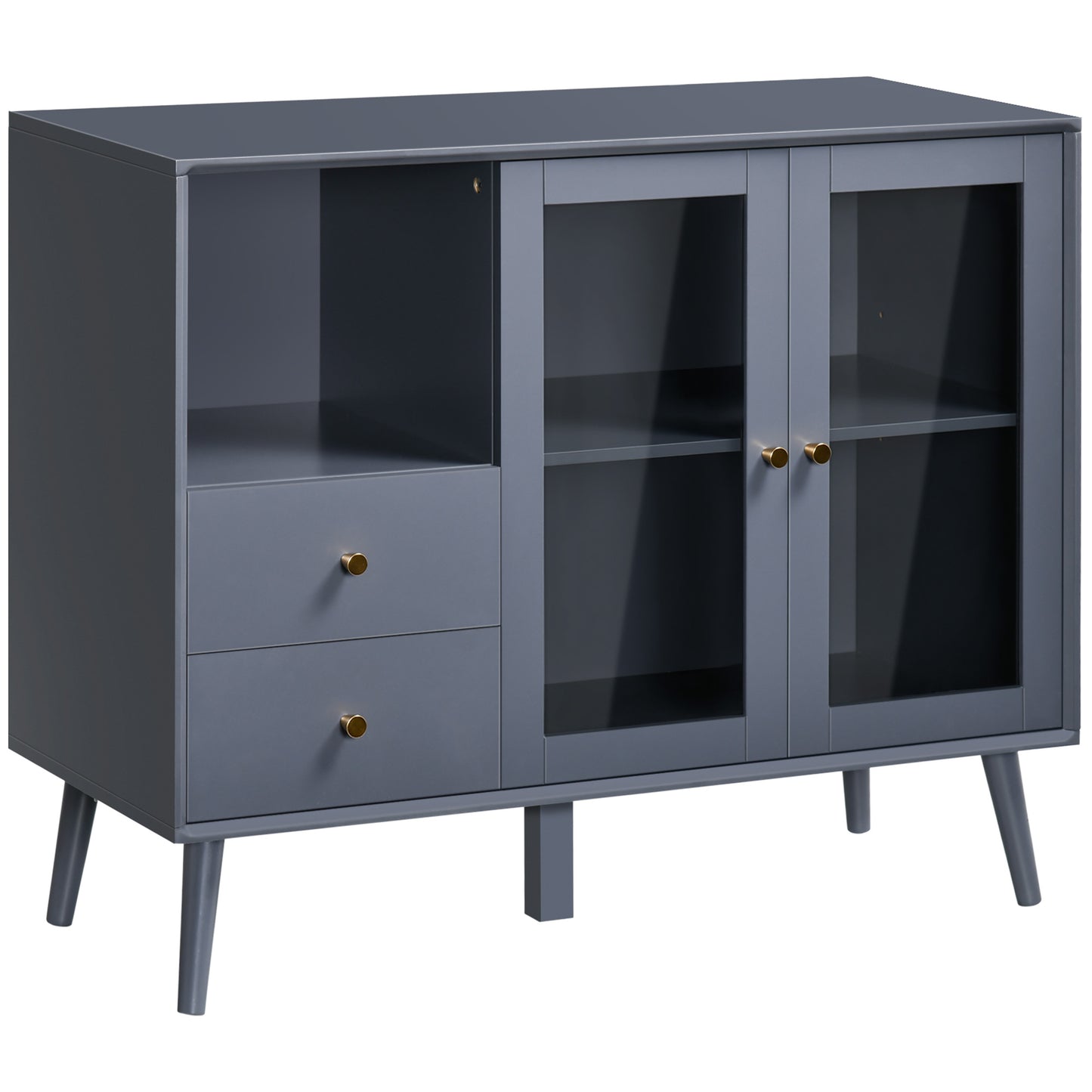 Two-Door Glass Cabinet with 2 Drawers, Open Space and Shelf, 95.5x40x78 cm, Gray