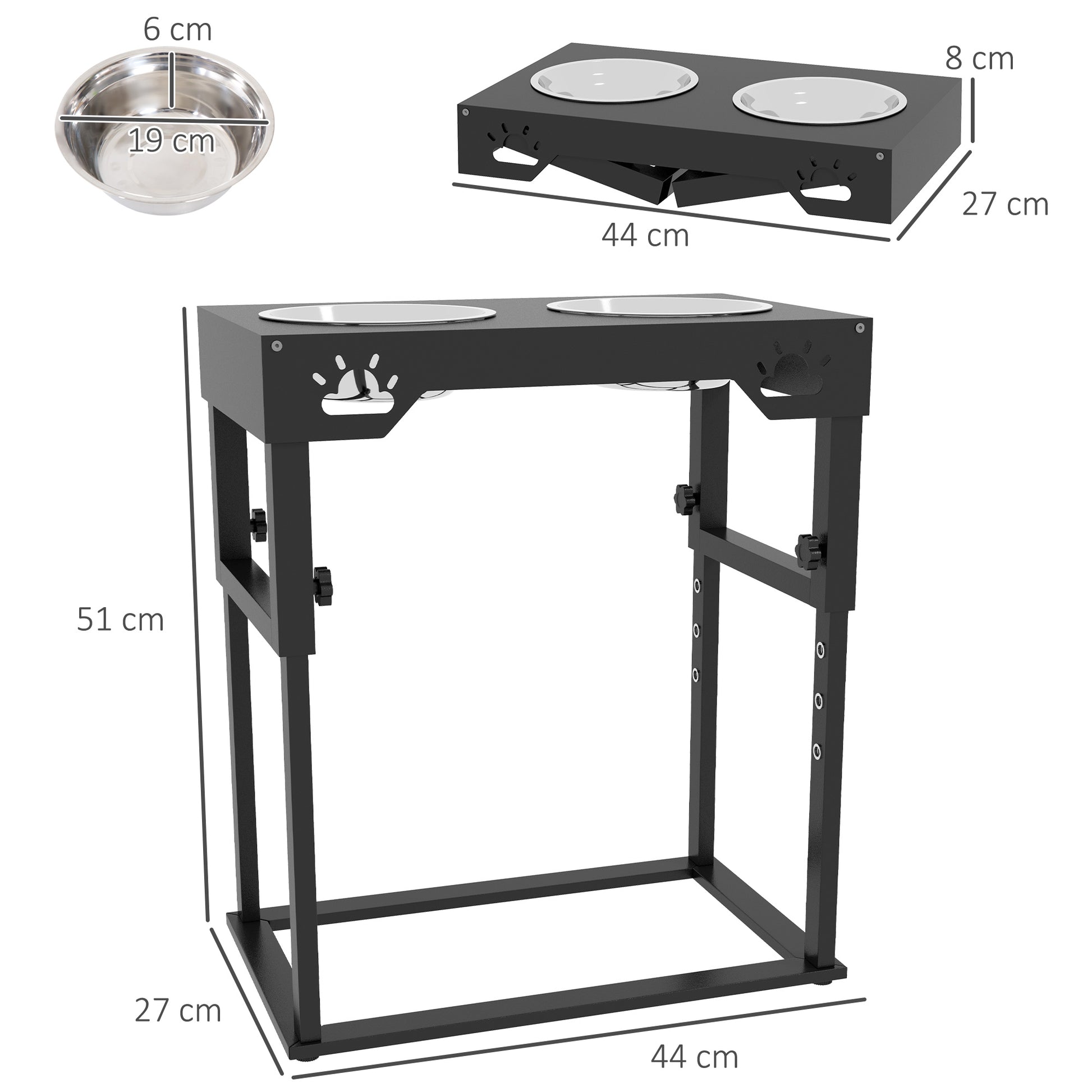 PAWHUT Portaciotole for dogs 44x27x51 cm at 7 adjustable heights with 2 raised bowls Ø19x6 cm, in black steel - Borgè