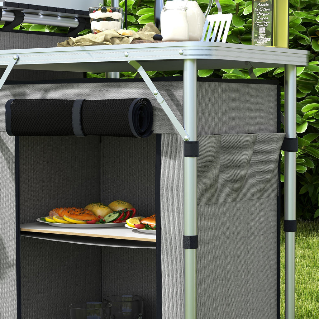 Folding Camping Kitchen with 5 Internal Shelves and 4 Hooks, 172x48x119 cm, Grey and Silver