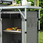 Folding Camping Kitchen with 5 Internal Shelves and 4 Hooks, 172x48x119 cm, Grey and Silver