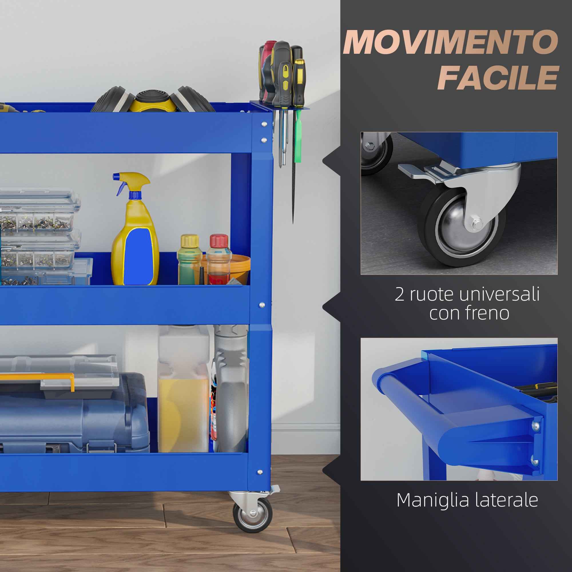DURHAND 3-Tier Steel Tool Cart with High Edges and 4 Swivel Wheels, 83x35.3x76 cm, Blue