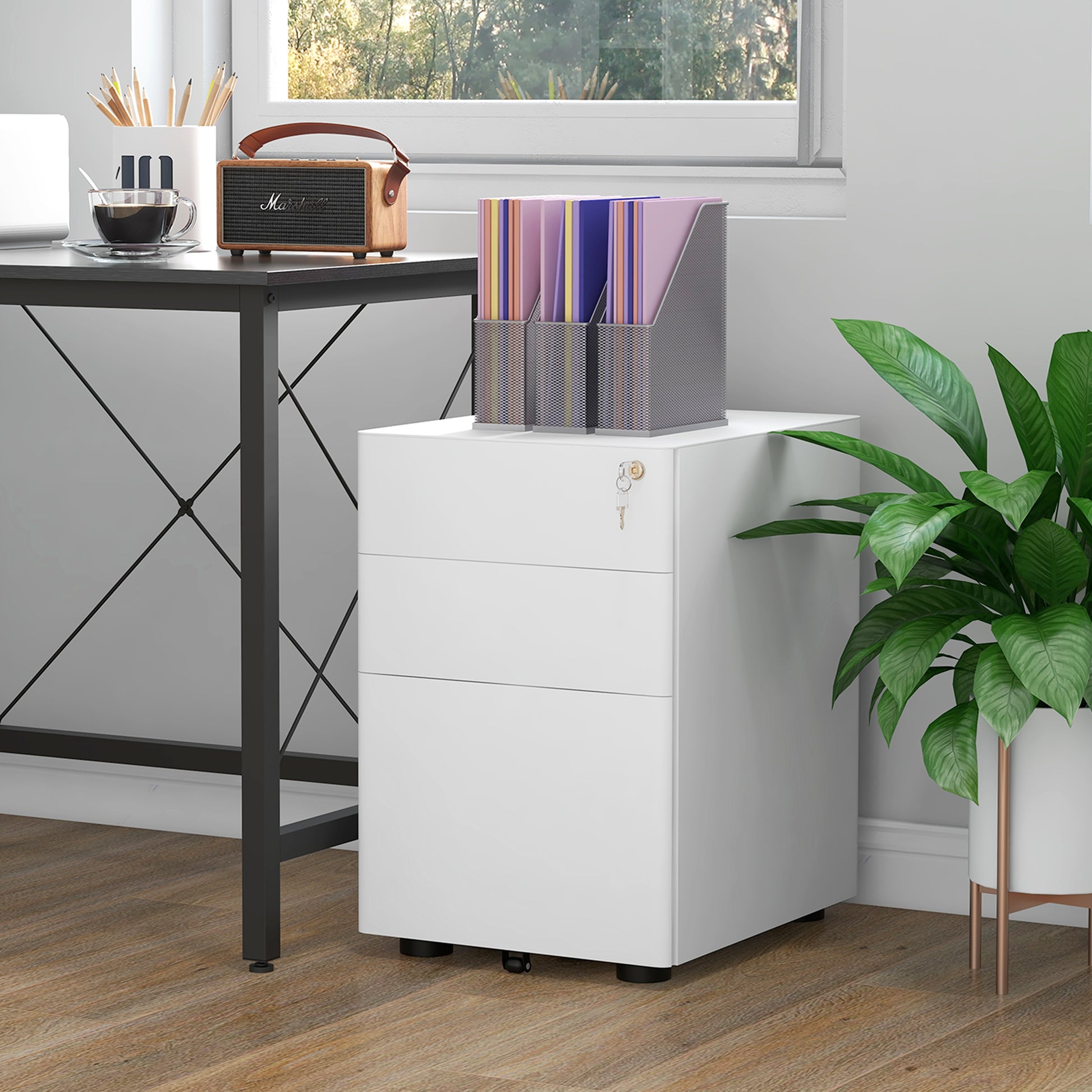 Office drawer winner 3 steel drawers with lock and wheels, 39x48x59cm, white - Borgè