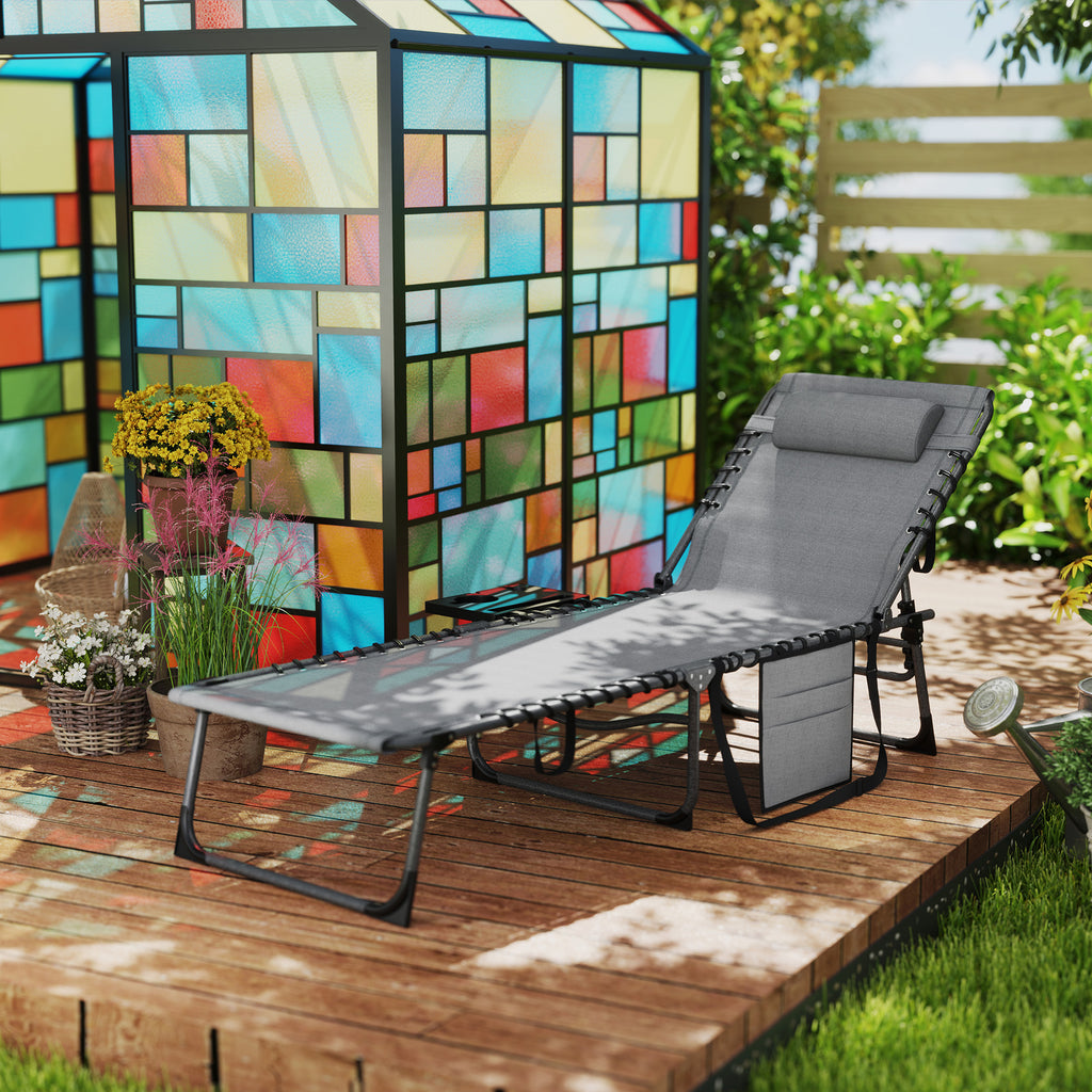 Folding and Reclining Garden Deckchair with 5 Levels with Side Table and Pocket, 60x190x31 cm, Gray and Black