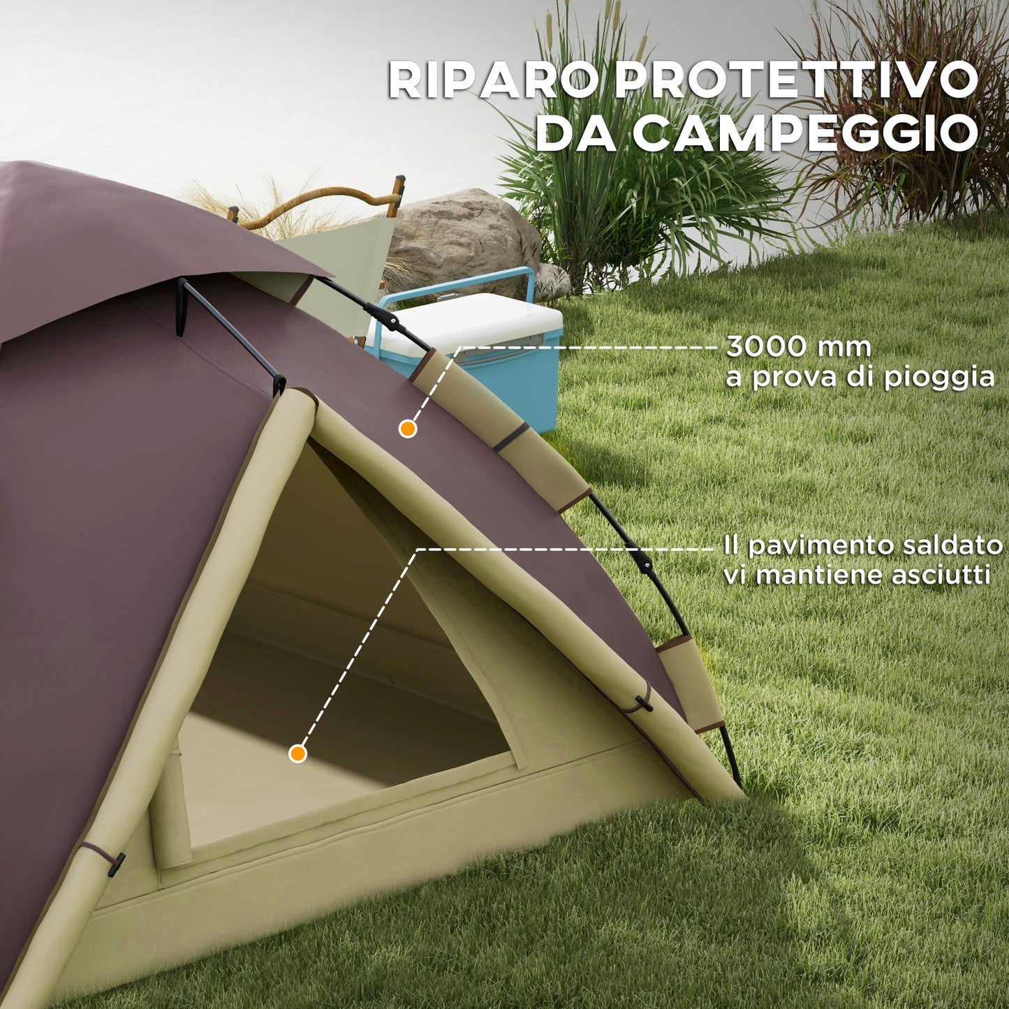 Outsunny 2-Person Camping Tent with 2 Windows and Hook, in Polyester and Fiberglass, 225x190x130 cm, Khaki - Borgè