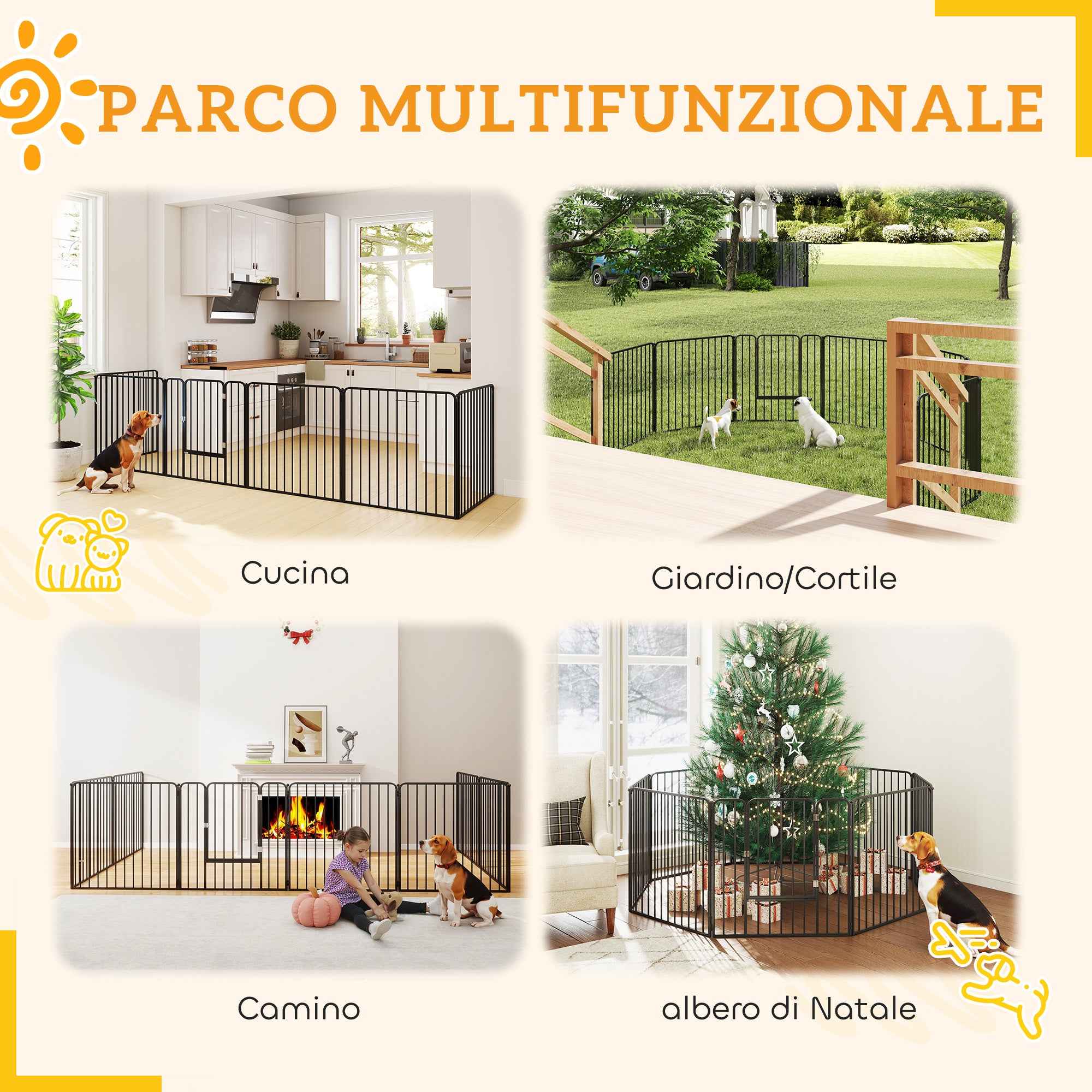 PawHut 8-Panel Modular Indoor/Outdoor Dog Kennel with 9 Pegs, Steel, 164x164x80 cm, Black