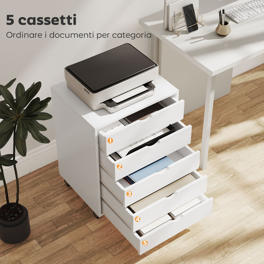 Office Drawer Cabinet with 5 A3 Document Drawers, Wheels and Lock, 50x40x67.5 cm, White