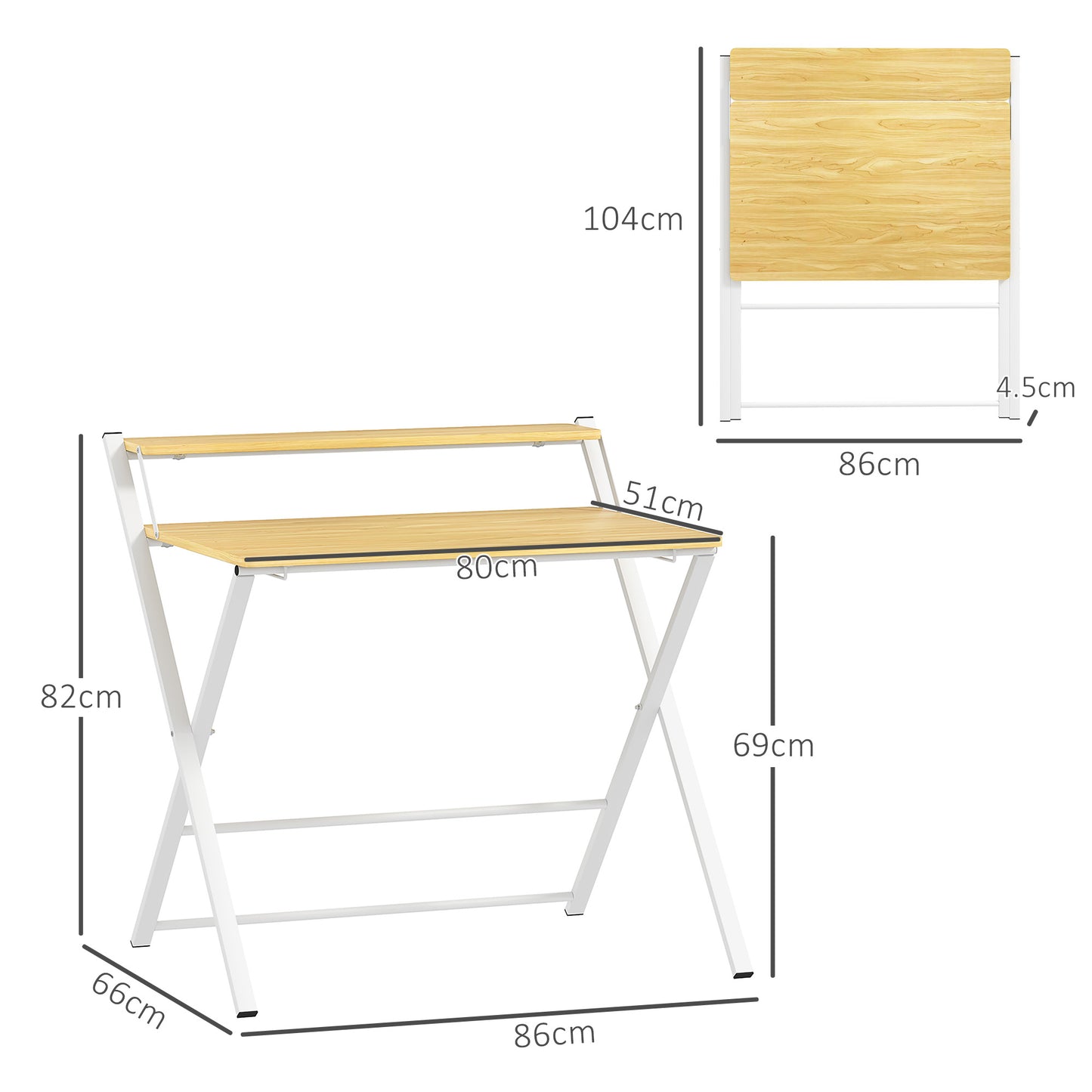 Folding Desk with Raised Shelf and X-Legs, in Wood and Steel, 86x66x82 cm, White and Wood Colour