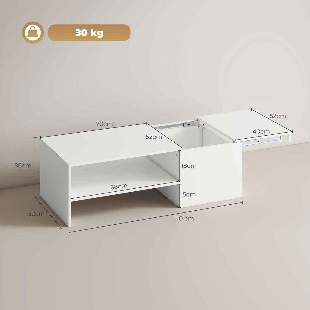 HOMCOM Wooden Coffee Table with Sliding Top and Open and Retractable Shelf, 110x52x36 cm, White