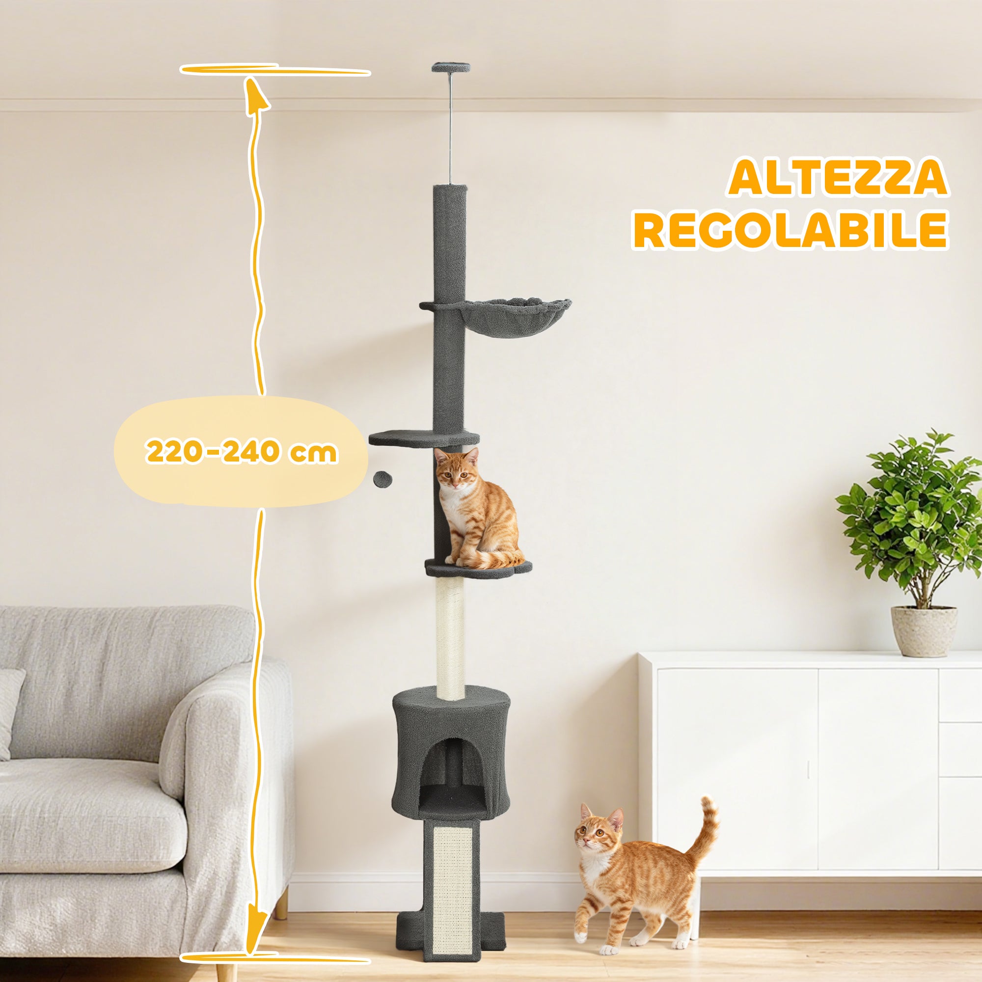 220-240cm High Ceiling Cat Tree with Hammock, House, Flower Platforms and Sisal Posts, Grey