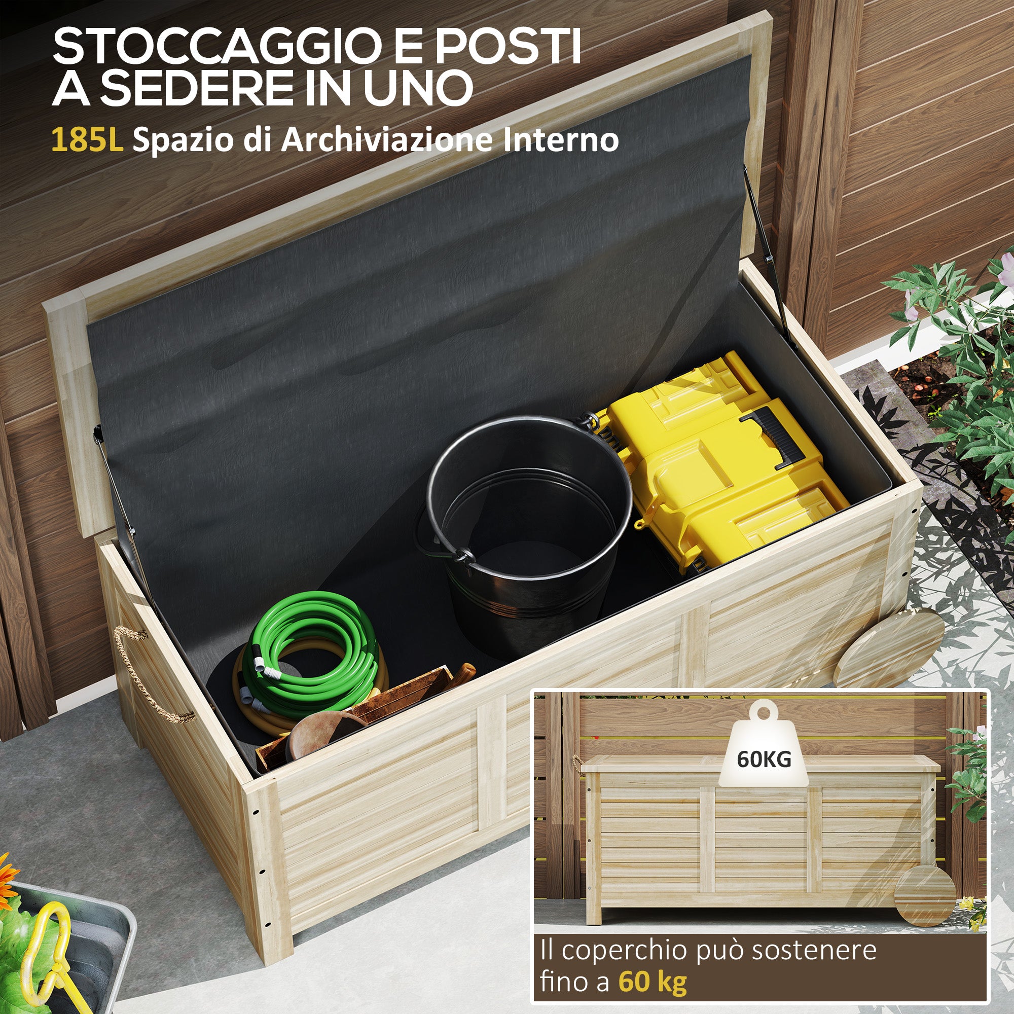 Outdoor Trunk 185L with 2 Wheels with Inner Tarpaulin and Lid, in Fir Wood, 110x50x50 cm, Wood Color