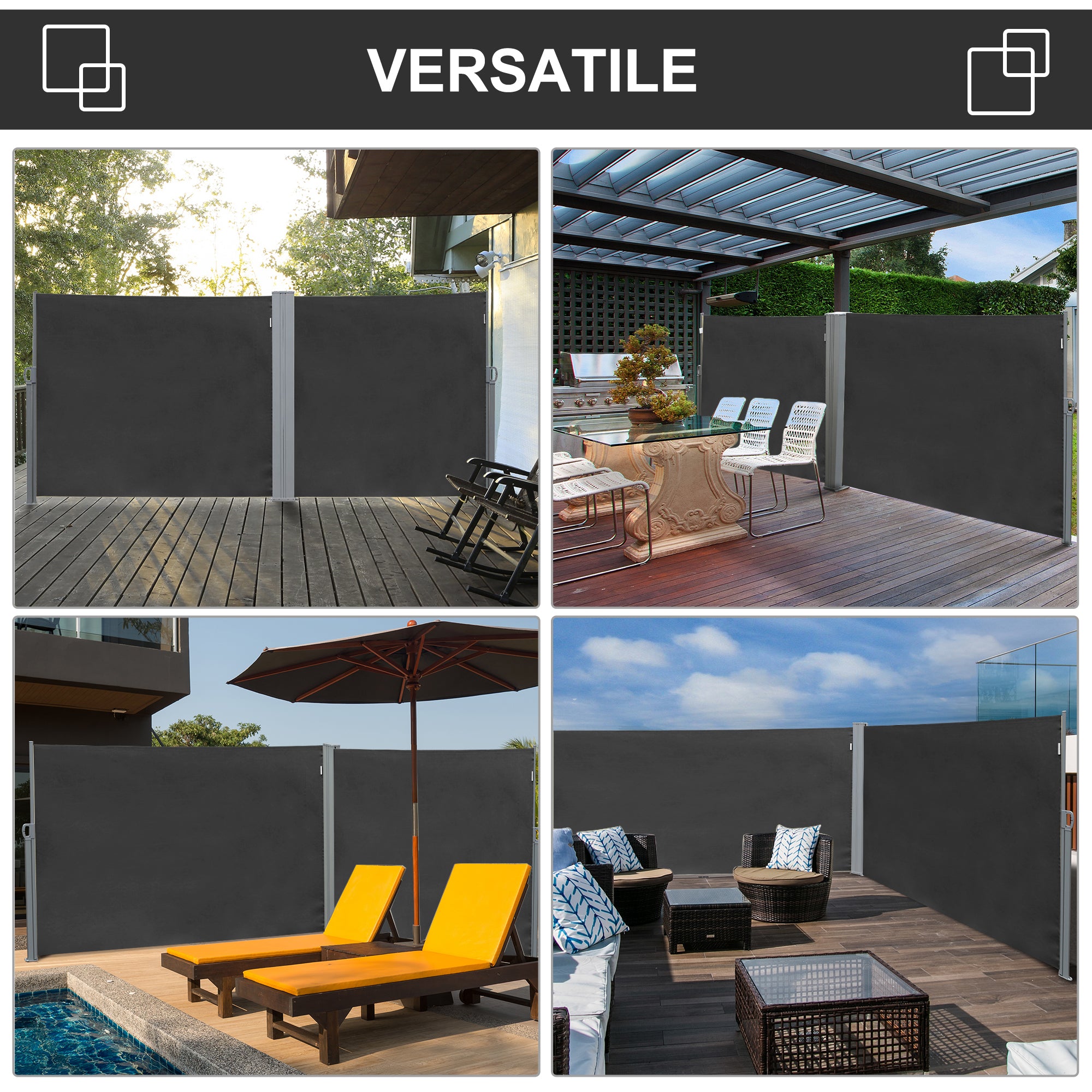 Extendable Garden Privacy Screen 3x1.8m, Anti-UV Polyester and Aluminum, Grey