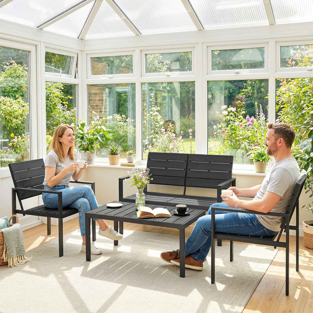 Outsunny 4-Piece Garden Lounge Set with Coffee Table, 2-Seater Sofa, and 2 Chairs, in HDPE and Black Metal