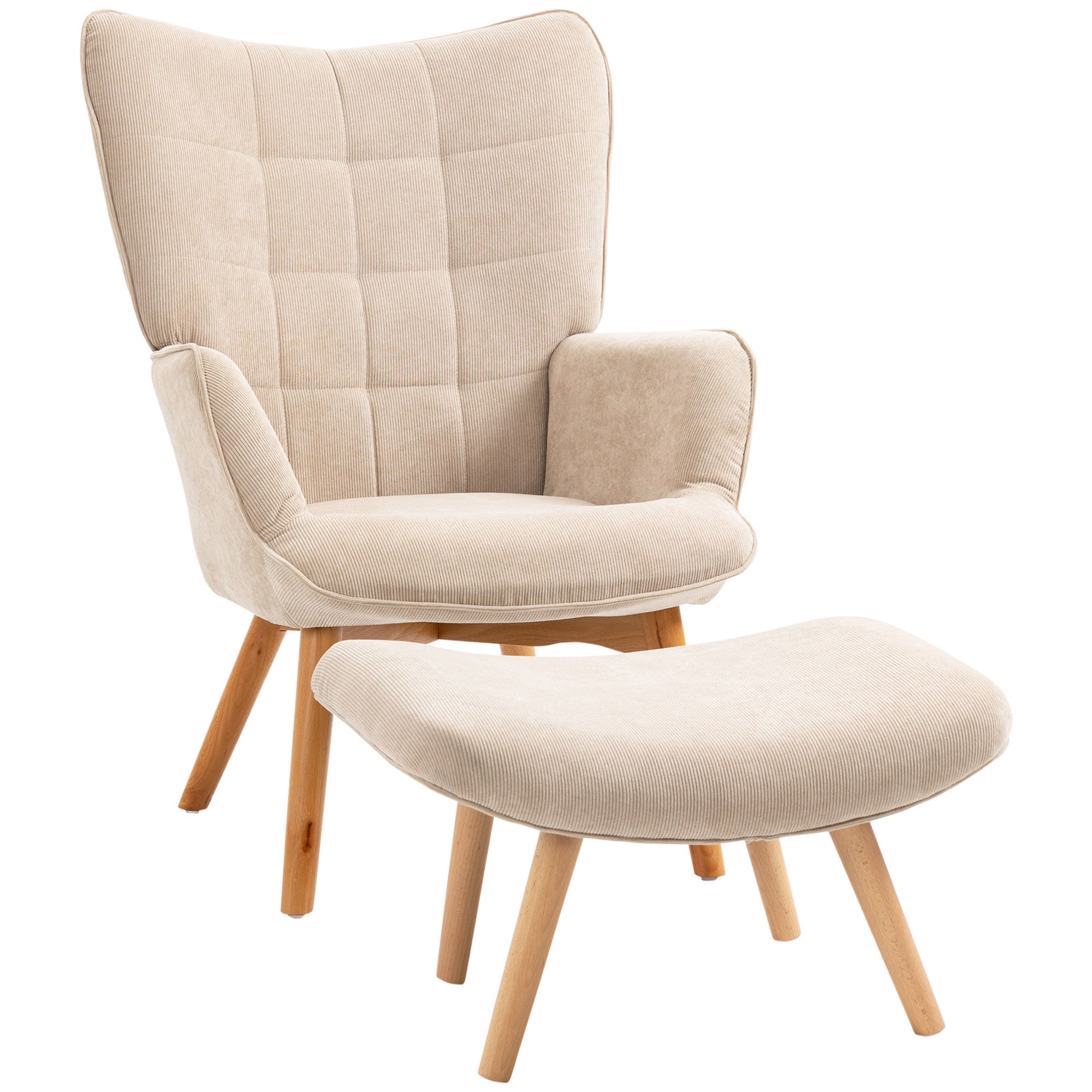 Relaxing Chair with Pouf Footstool in Corduroy with High Back and Armrests, Beige