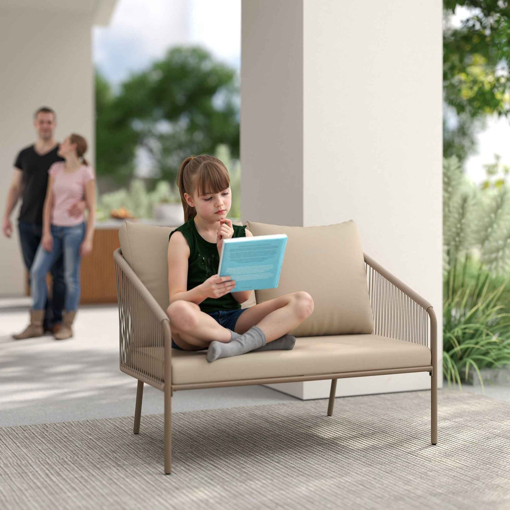 Outsunny 2-Seater Boho Style Garden Sofa in PE Rattan and Steel with Cushions, 112x72x76, Beige