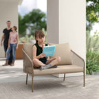 Outsunny 2-Seater Boho Style Garden Sofa in PE Rattan and Steel with Cushions, 112x72x76, Beige
