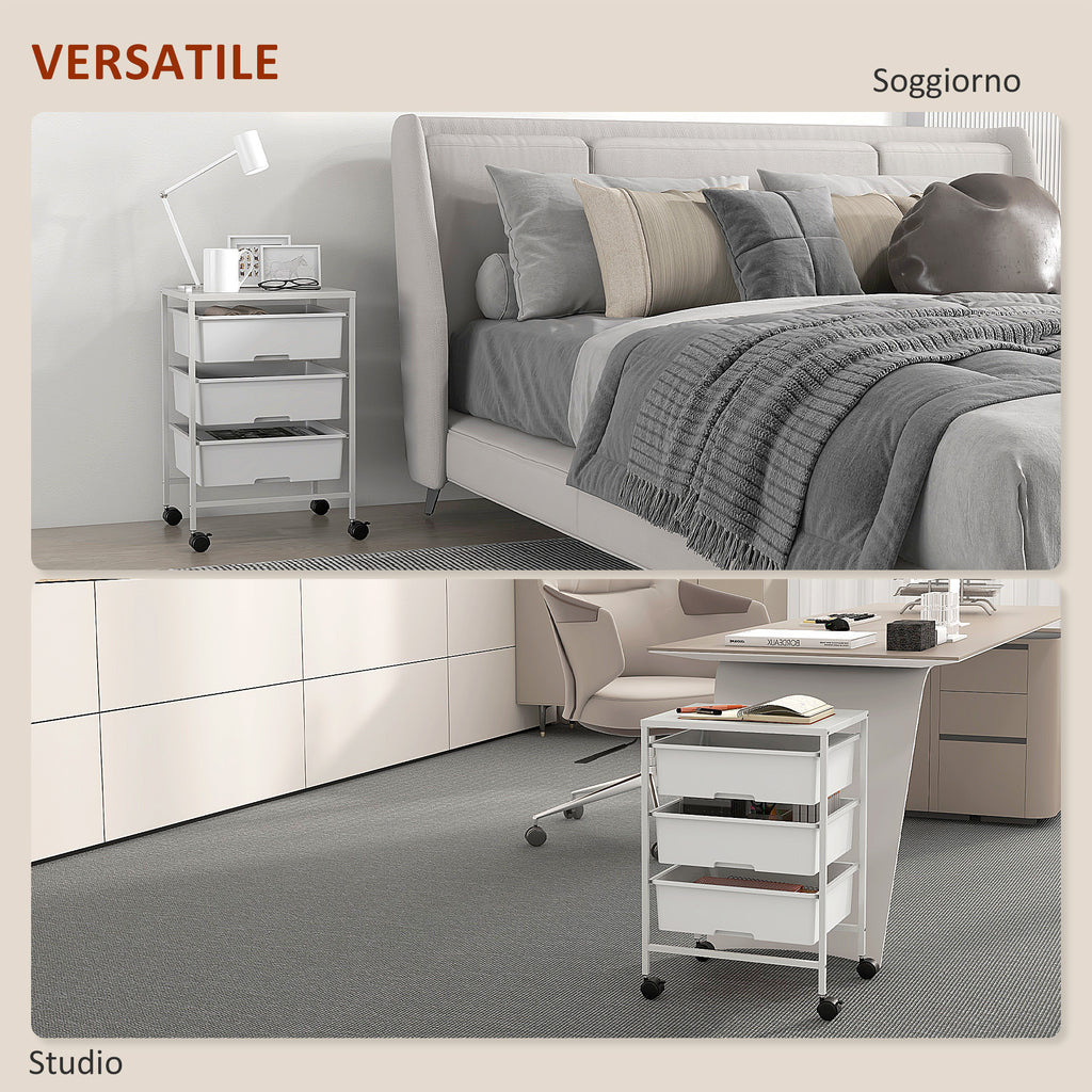 HOMCOM Multipurpose Trolley with 3 Removable Baskets and Wheels for Kitchen and Office in Steel and PP, White - Borgè