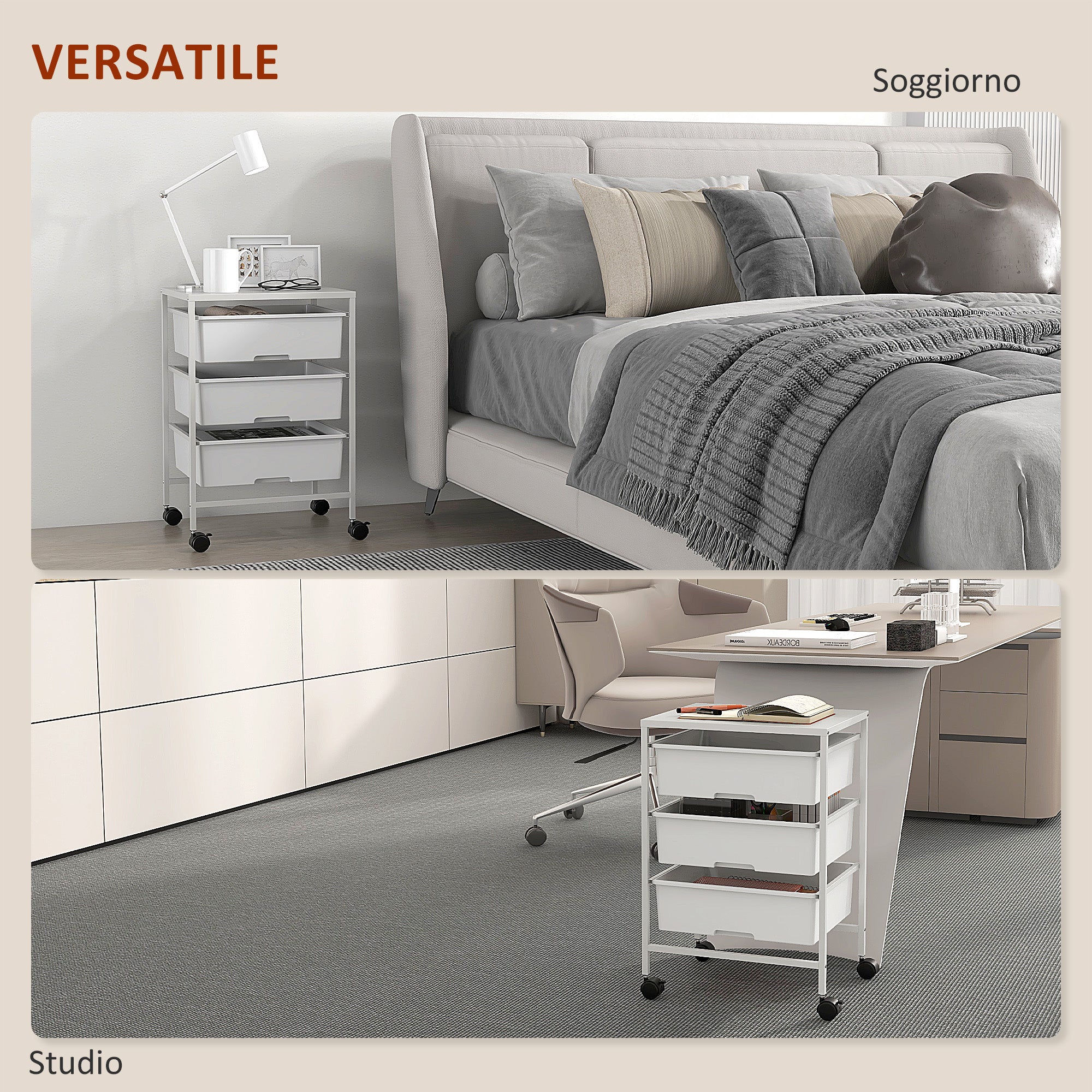 HOMCOM Multipurpose Trolley with 3 Removable Baskets and Wheels for Kitchen and Office in Steel and PP, White - Borgè