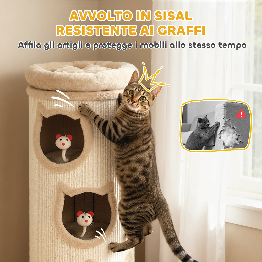 Cat Scratching Tower, 96 cm High, with 3 Cat Houses and a Removable and Washable Upper Bed, Cream