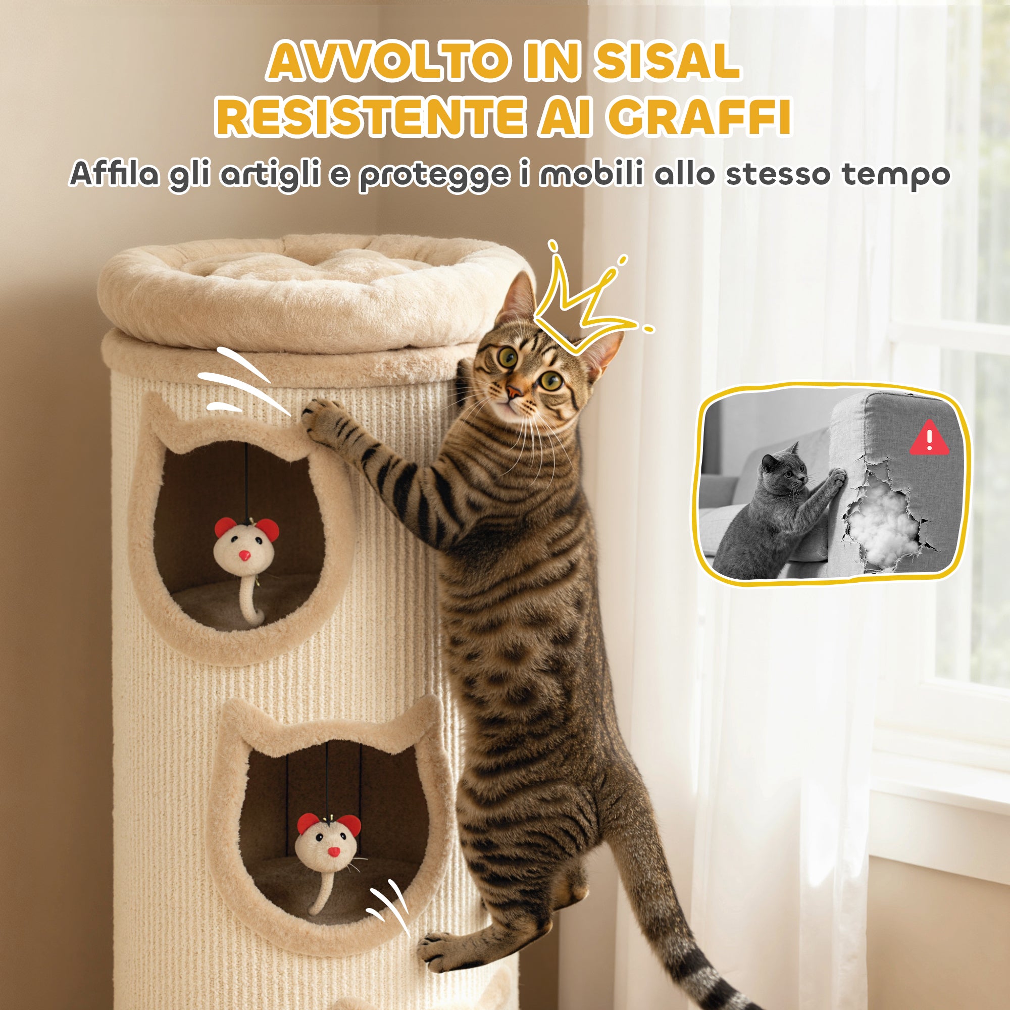 Cat Scratching Tower, 96 cm High, with 3 Cat Houses and a Removable and Washable Upper Bed, Cream