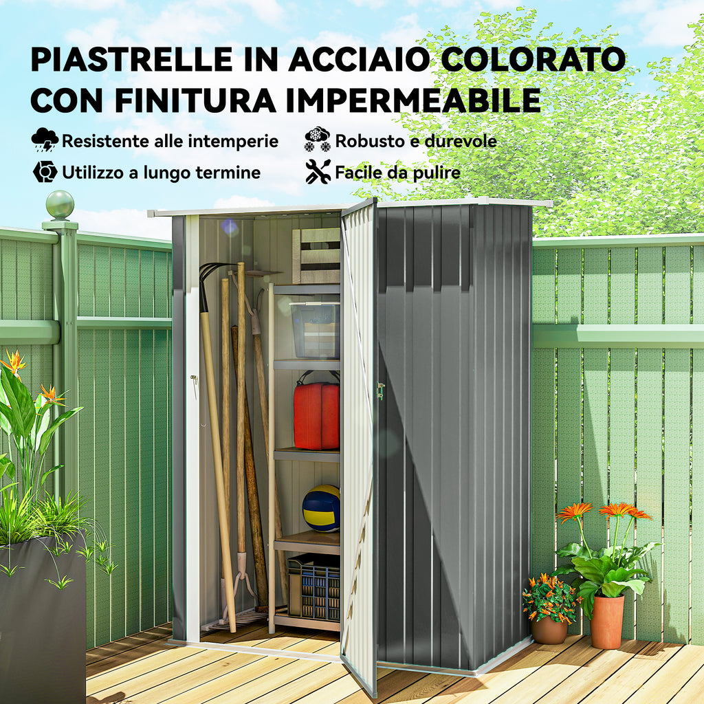 Outsunny Metal Tool Shed with Sloped Roof and Lockable Door, 142x86x189 cm, Light Grey
