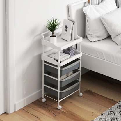 Storage Trolley with 2 Fixed Trays and 3 Sliding Trays, Steel and PP, 40x34x85 cm, White and Grey