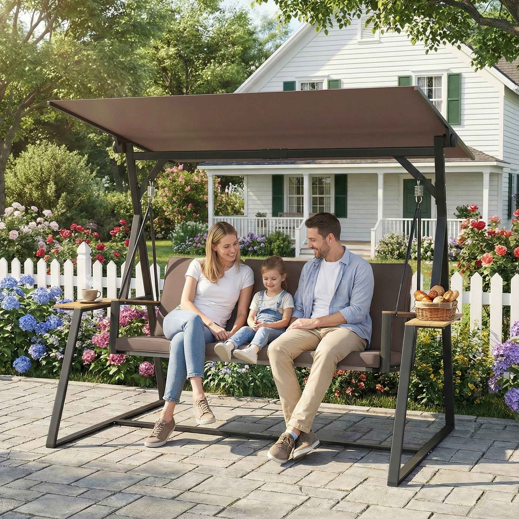 Outsunny 3-Seater Garden Swing with Adjustable Canopy, Outdoor Metal Swing with Cup Holder Trays, Padded Cushions, Load Capacity 360kg, for Terrace Balcony, 222x131x175cm, Brown
