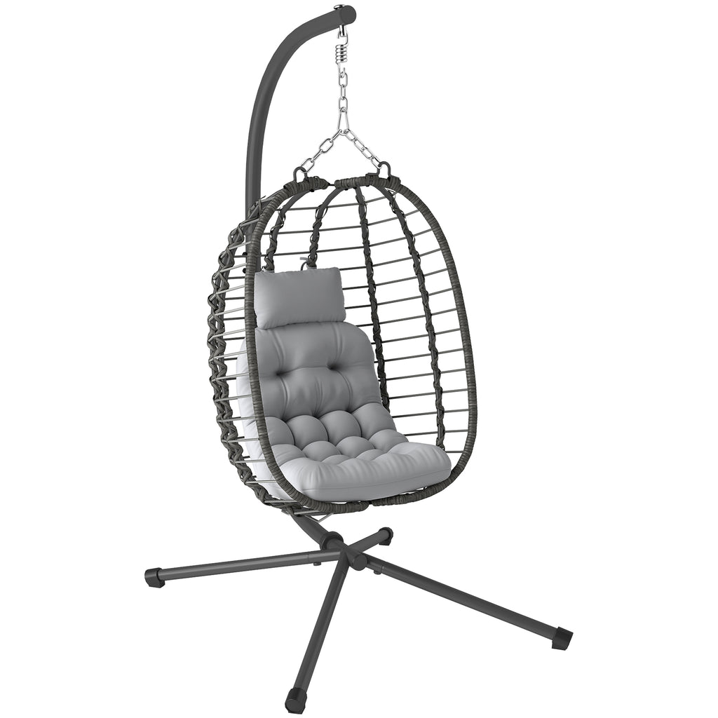 Rattan Hanging Egg Chair with Cushion and Headrest, Adjustable Height and Foldable Seat, Grey