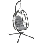 Rattan Hanging Egg Chair with Cushion and Headrest, Adjustable Height and Foldable Seat, Grey