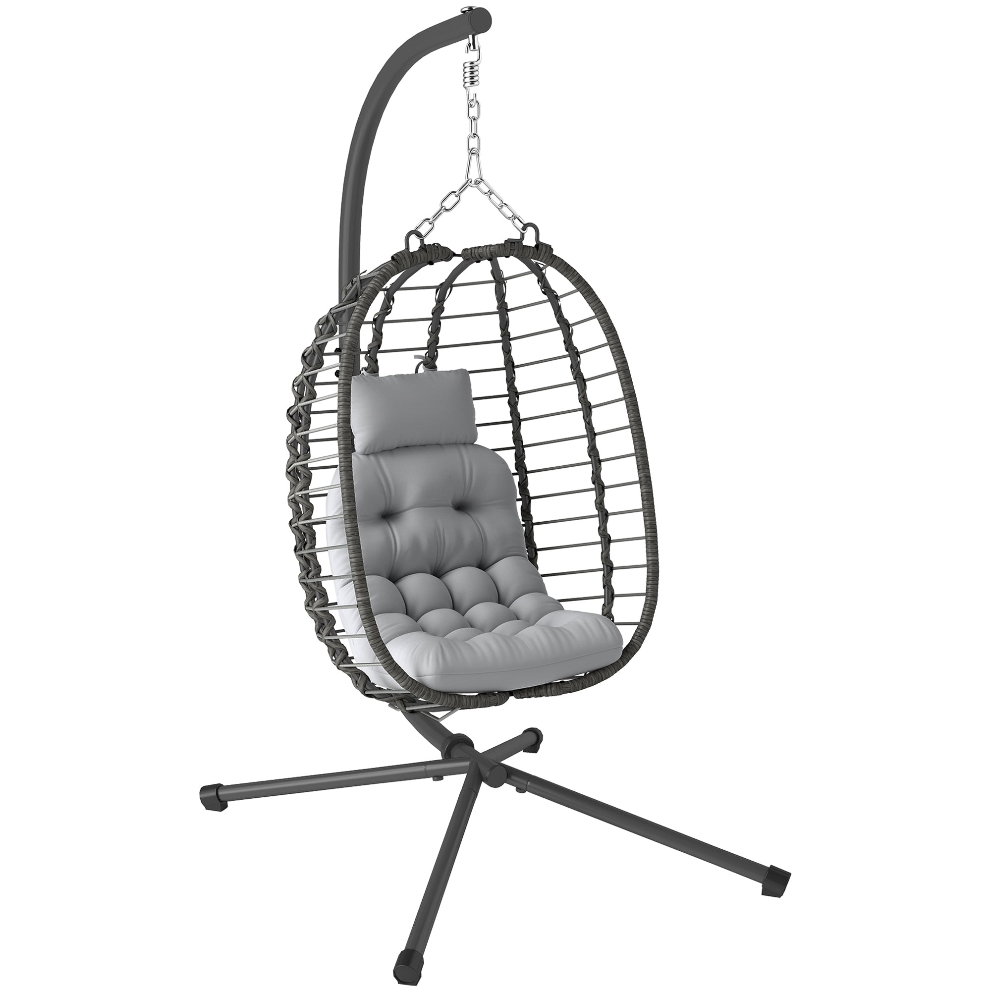Rattan Hanging Egg Chair with Cushion and Headrest, Adjustable Height and Foldable Seat, Grey