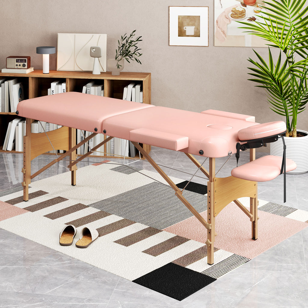 HOMCOM Folding Massage Table with Adjustable Height and Carry Bag, Wooden Frame, Pink