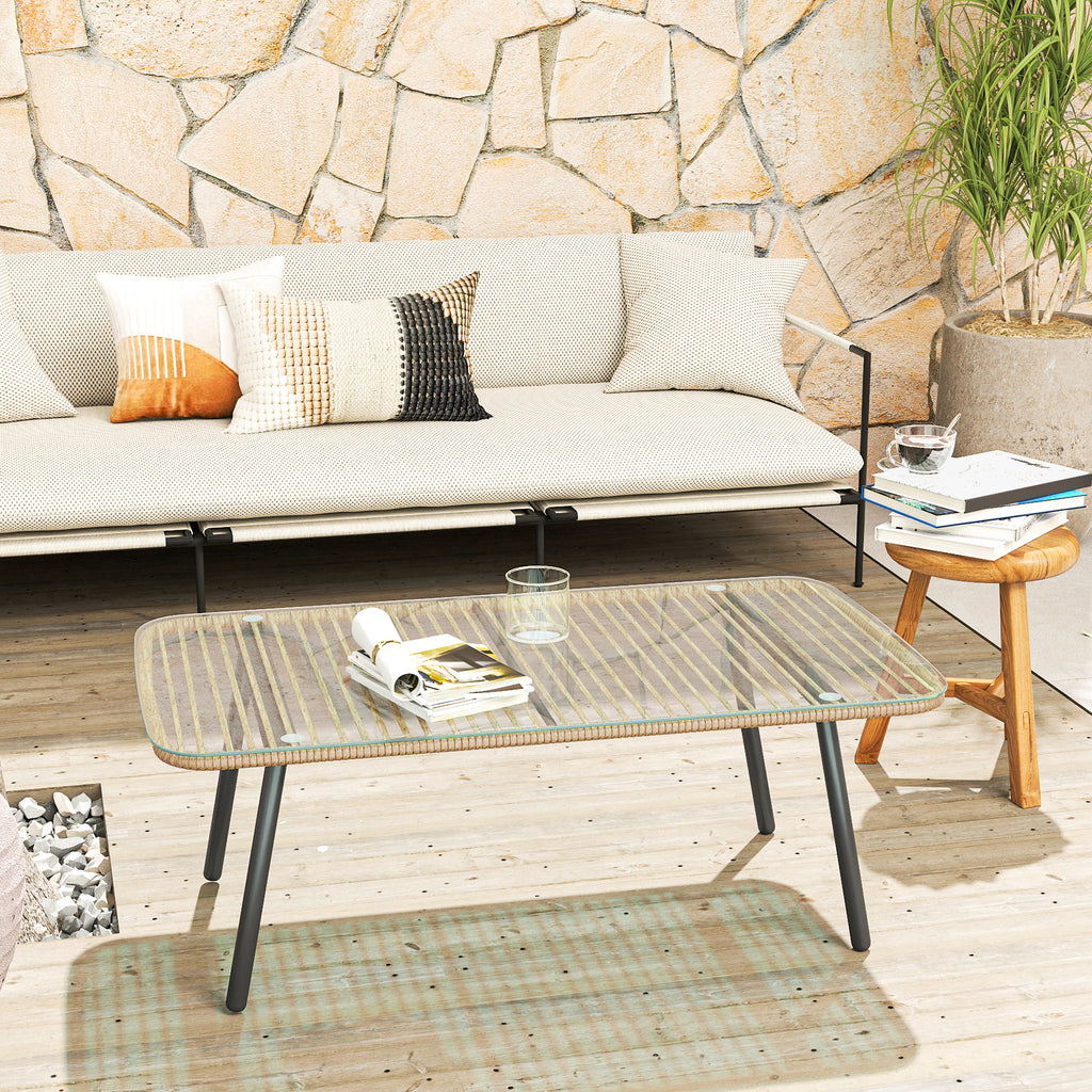 PE Rattan Garden Table with Glass and Steel Top, 110x60x40 cm, Natural Wood