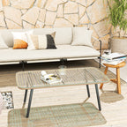 PE Rattan Garden Table with Glass and Steel Top, 110x60x40 cm, Natural Wood